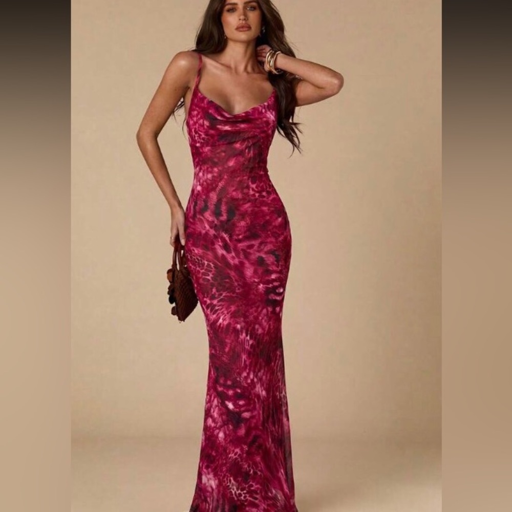 Burgundy Florll Print Slip Dress with Cowl Neck